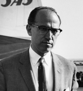 Dr Jones Edward Salk, creator of Salk polio vaccine, at Copenhagen Airport. During four days stay in Kastrup airport CPH, Copenhagen Dr. Salk paid several visits to the Serum Institute, which was first one outside USA which created a polio vaccine. Dr. Salk also addressed the local Biological Society, 1959-05-28.